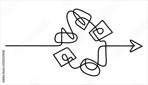 Black tangled line with squares and arrow on white background knot maze
