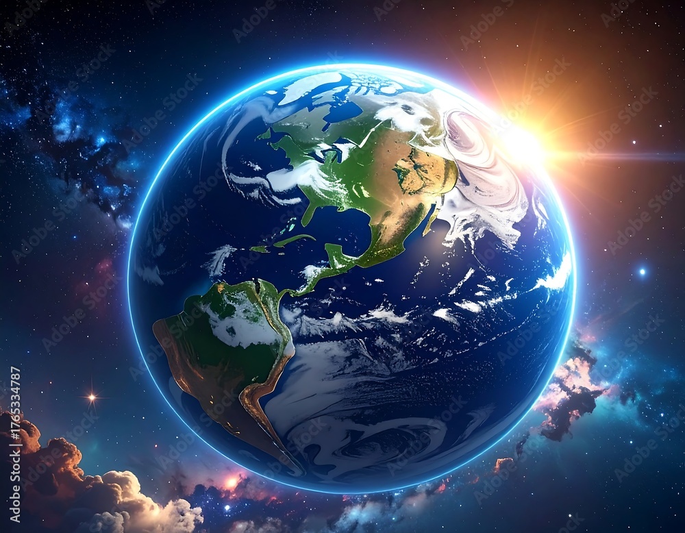 Obraz premium Vibrant view of Earth, showcasing continents, illuminated by a bright sun
