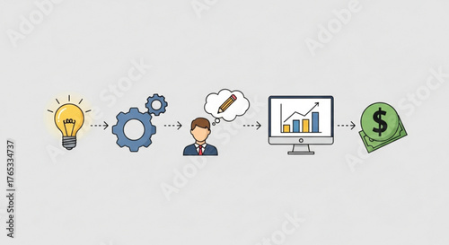 The illustration depicts the process of turning an idea into money, starting with a light bulb, then gears, a person, a computer screen, and finally a dollar sign
