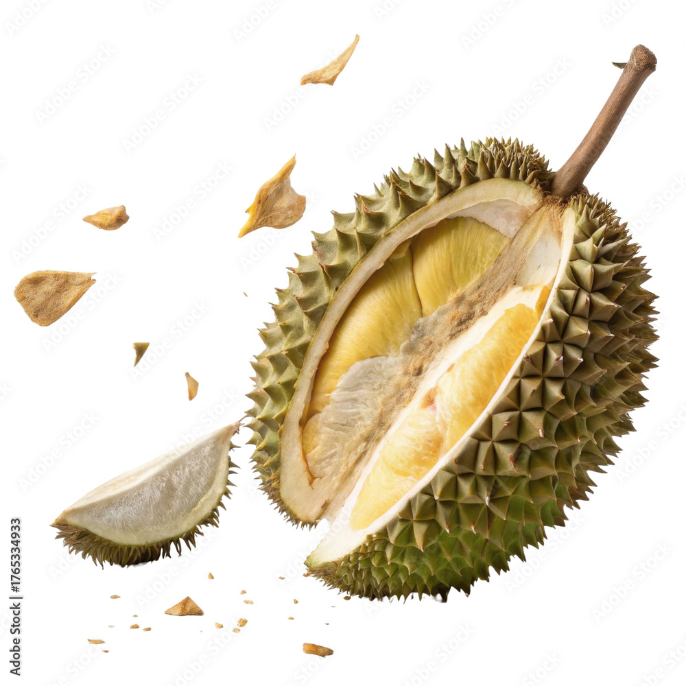 Fototapeta premium Delicious fresh ripe tropical durian fruit open and cut. An exotic food with sweet yellow pulp, isolated, revealing tempting tasty flesh