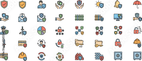 Collection of flat design icons representing security safety protection and data privacy