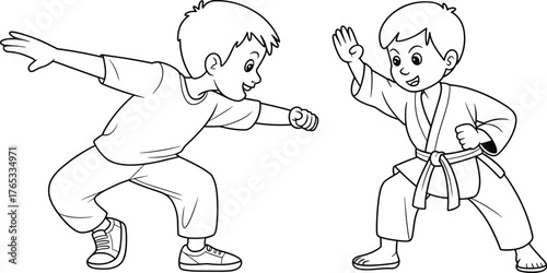 Children martial arts illustration, kids sparring drawing, sports activity sketch, childhood discipline artwork, fitness graphic, educational art, playful training design, exercise symbol