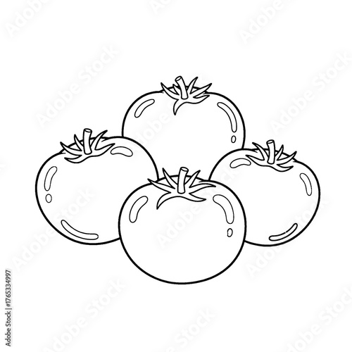 Illustration of fresh produce: bright red tomatoes with green stems. 4 tomatoes close together.