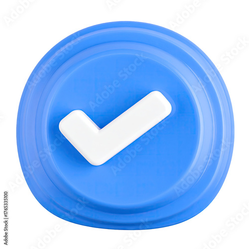 Raised blue button; a white checkmark is displayed center.