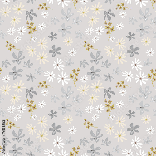 Seamless retro floral pattern. White, gray, and mustard flowers on a light gray background.