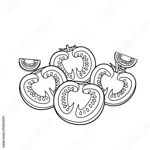 Fresh produce illustration: bright red tomatoes with green stems. Tomatoes showing the inside of a fresh tomato.