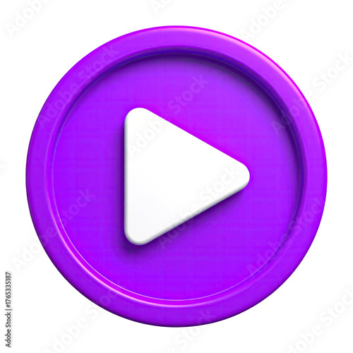 Glossy purple play button with white triangle, 3D rendered