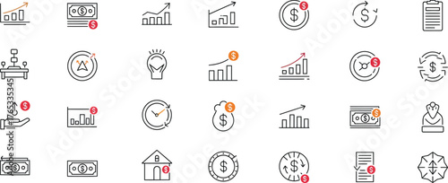 Collection of icons representing financial growth investment and economic trends