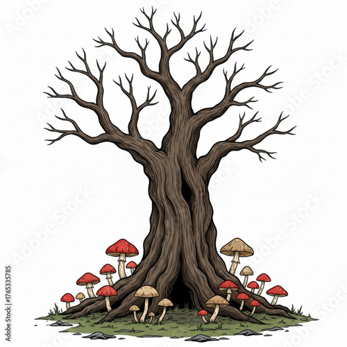 An old tree without leaves and only a trunk and some mushrooms around the old tree