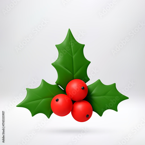 3d rendered holly branch with red berries and green leaves for Christmas and Winter holiday decoration. Festive plant symbol for greeting card. Vector illustration
