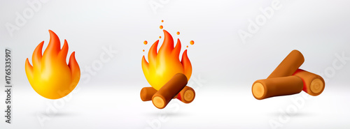 3d cartoon campfire icon set with burning fire and log wood. Campfire element for game design or camping graphics. Happy summer holiday. Vector illustration