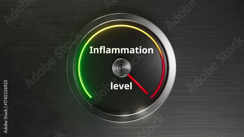 Realistic inflammation level gauge animation from low to high with metallic dial and glowing arc changing green to yellow to red. Perfect for immune, pain, medical projects and education
