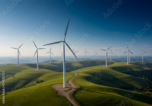 Wind Turbines on Green Hills with Blue Sky