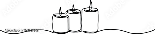 Three candles with flames in single line art fire light