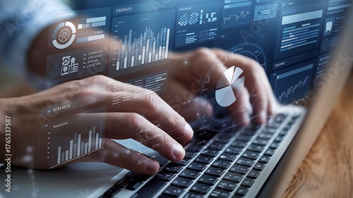 Man analyst uses a computer AI artificial intelligence and dashboard for data business analysis and Data Management System with KPI and metrics connected to the database for technology finance