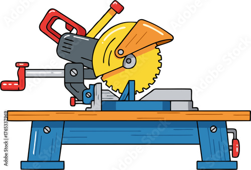 Colorful cartoon miter saw power tool for woodworking.