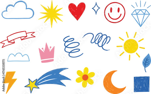 Whimsical Doodle Icons: Clouds, Sun, Moon, Stars, and More