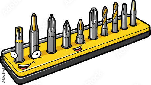 Funny cartoon screwdriver and drill bit holder character with assorted tips.