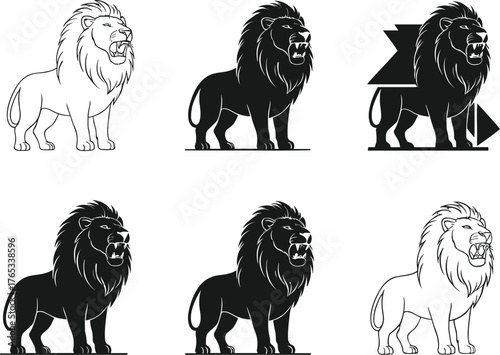 Lion silhouette vector set, roaring lion graphic, wild animal illustration, black lion icon, stylized lion pose, geometric lion design