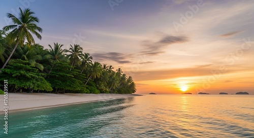An idyllic and secluded island cove featuring a curving white sand beach, calm turquoise ocean, and vibrant green palm trees.