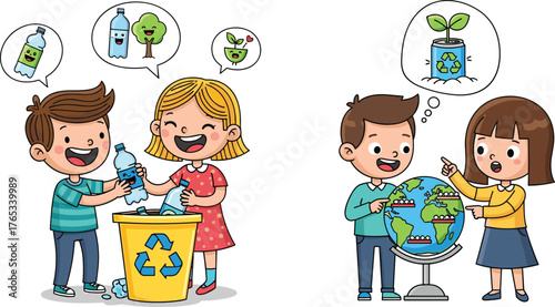 Children learning recycling and environmental protection, eco friendly education, save earth, sustainability, green planet, waste management, nature conservation, ecology awareness illustration