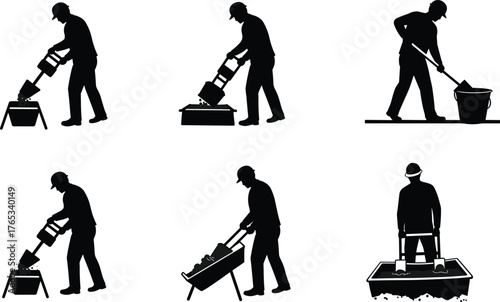 Construction worker silhouette mixing cement, pouring concrete, using shovel and wheelbarrow, builder labor illustration, construction industry concept, vector isolated background