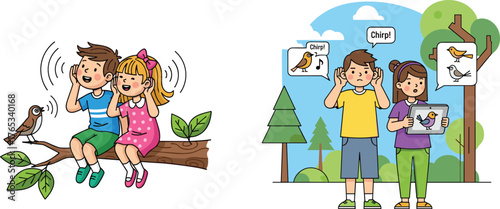 Children listening to birds singing, kids exploring nature, birdwatching education, learning bird sounds, outdoor adventure, forest wildlife observation, fun activity