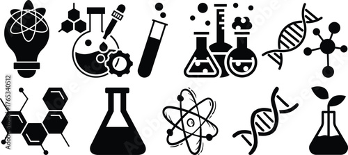 Education and science glyph icon set. Vector pictograms of atom, microscope, test tube, flask, telescope, dna, laptop, checklist, clipboard, black sign silhouette illustration.
