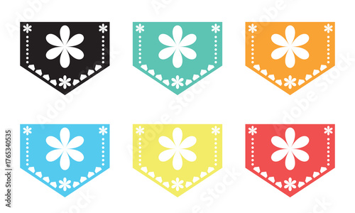 Picado collection with silhouette of floral template. Colorful festive banner flags with floral design. Vector eps 10

