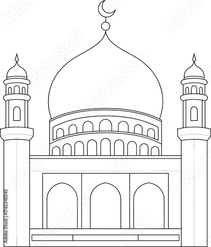 Mosque line drawing illustration, Islamic architecture sketch, cultural religious artwork, traditional mosque design, educational graphic, worship place art, heritage symbol