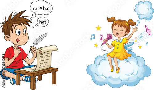 Cute kids creativity concept, little boy writing poem with feather pen, girl singing on cloud, imagination, learning, art, music inspiration scene