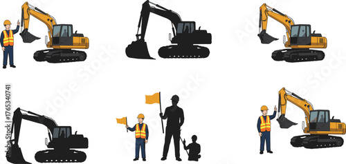 Construction workers with excavator machine at work site, heavy equipment operation, safety teamwork, industrial engineering and building development illustration