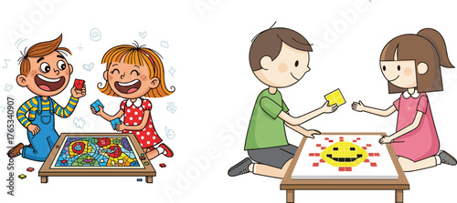 Happy children playing colorful educational mosaic puzzle game together indoors, teamwork, creativity and learning activity for early childhood development fun