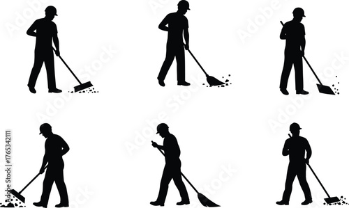 Silhouette construction workers cleaning and sweeping, industrial maintenance concept, teamwork and hard work illustration, building site labor and safety graphic