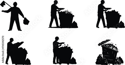 Silhouette garbage workers collecting trash, waste management and cleaning service concept, recycling and environmental care illustration, sanitation teamwork graphic