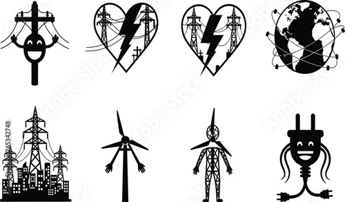 Cartoon-style electricity icons with anthropomorphic power elements, black vector illustration for energy infrastructure, renewable sources, and global connectivity concept