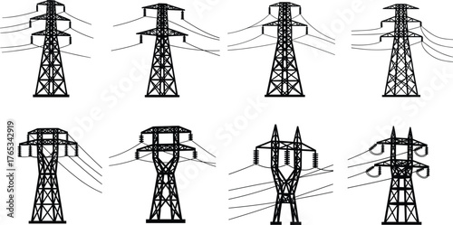 Silhouettes of eight electrical transmission towers, black vector illustration for energy infrastructure, power grid, engineering, and high-voltage utility design concept