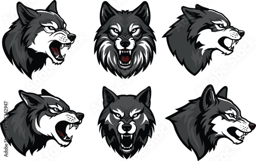 Wolf head mascot collection, fierce wild animal design, angry wolf faces for logo, sports, tattoo, CAD drawing flat vector illustration.