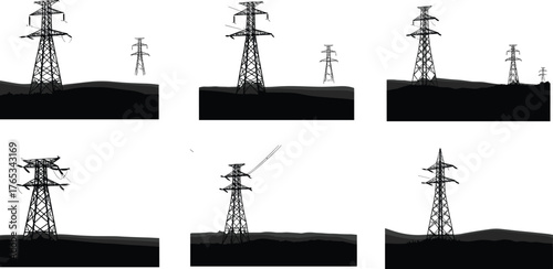 Silhouettes of electrical transmission towers in hilly landscape, black vector illustration for energy infrastructure, power grid, and utility design concept
