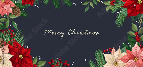 Merry Christmas. Beautiful poster with poinsettias and pine branches. Holiday poster. Vector.
