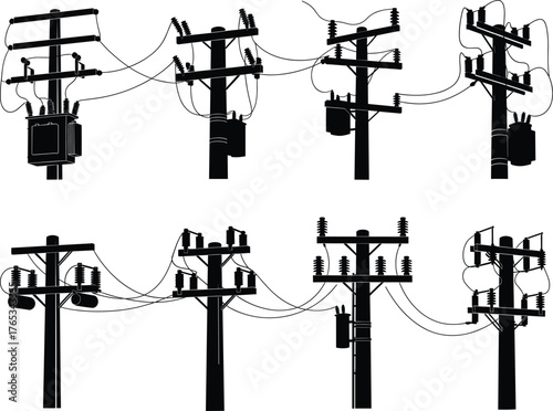Silhouettes of eight utility poles with electrical components, black vector illustration for infrastructure, engineering, power distribution, and technical design concept