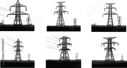 Silhouettes of electrical transmission towers in hilly terrain, black vector illustration for energy infrastructure, power grid, and utility engineering concept