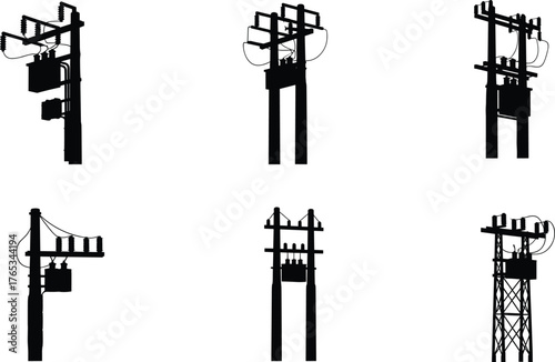 Silhouettes of six utility poles with transformers and insulators, black vector illustration for electrical infrastructure, power distribution, and engineering concept