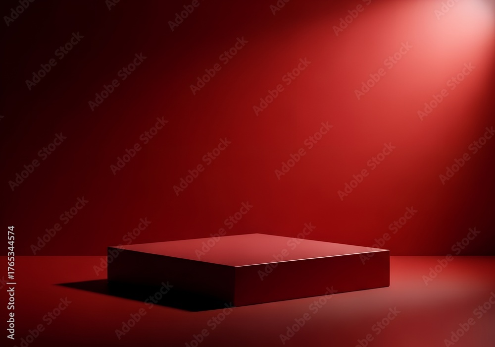 Obraz premium Deep red geometric 3D platform spotlight background for luxury branding, packaging, and creative product showcase