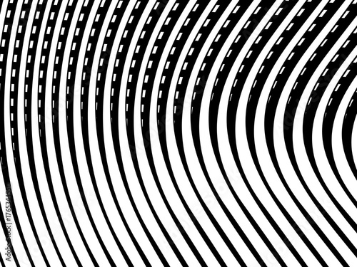 Abstract art geometric background with shiny abstract 3d black and white stripes pattern. Black and white optical illusion with waves and transitions.