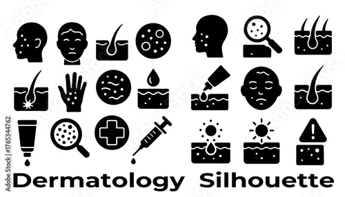 Dermatology Vector Icons Set – Skin, Acne, and Skincare Medical Symbols Silhouette