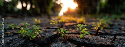 Wallpaper Mural Tiny green sprouts emerge from cracked, dark earth, bathed in golden sunlight Torontodigital.ca