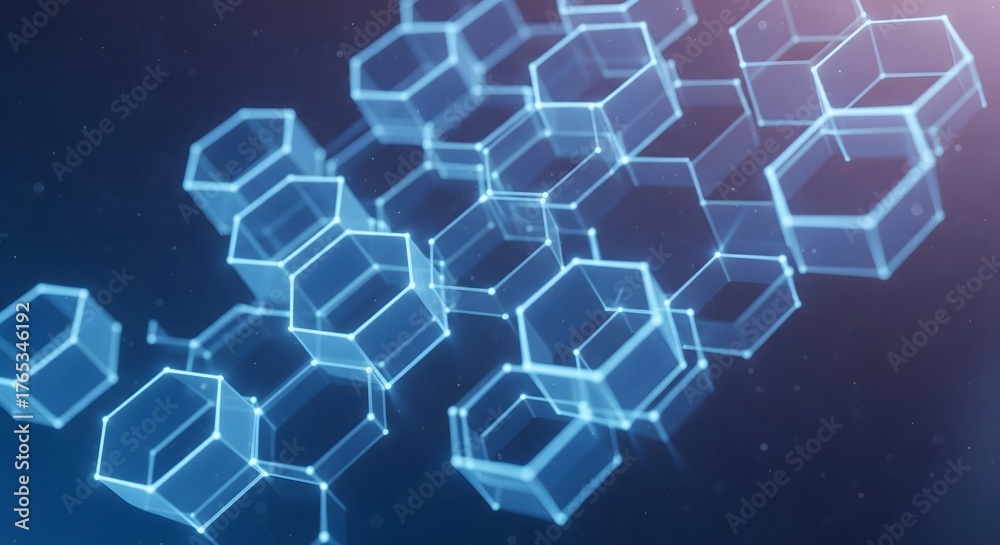 Fototapeta premium Abstract technological background with glowing blue interconnected hexagonal wireframe structures, representing data links, network connections, or molecular compounds.