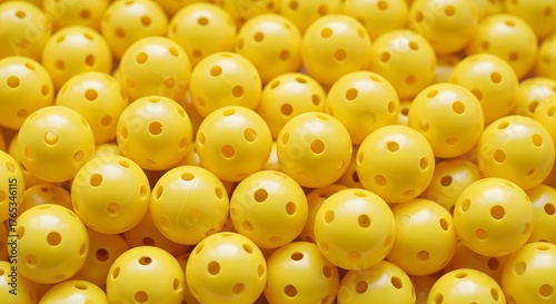 Yellow pickleball balls piled together forming a bright background texture for sports and leisure activities