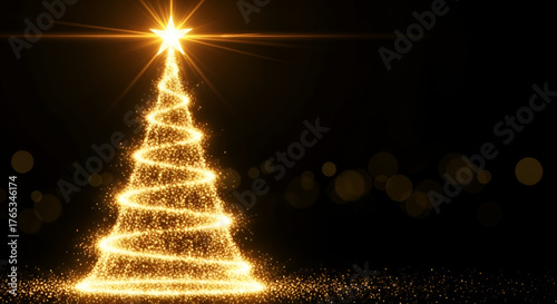 Abstract Christmas Tree Formed by a Spiral of Brilliant Golden Light Particles with a Glowing Star Topper, Standing on a Sparkling Floor Against a Pure Black Background with Bokeh Lights